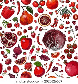 Red pattern. Vector food. Colored vegetables and fruits on a white background. Tomato, pomegranate, pepper, paprika, berries