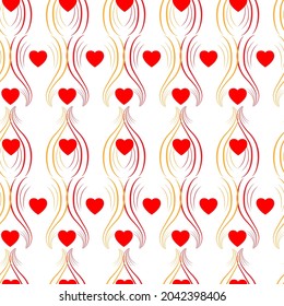 Red pattern with wavy line and hearts on white. Decorative colorful elegant romantic seamless pattern with heart for decor, wallpaper, fabric, prints. Abstract fashion texture. Vector illustration