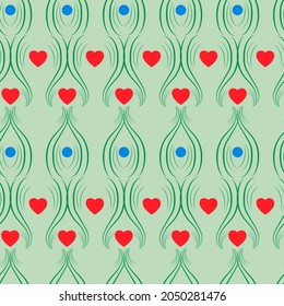 Red pattern with wavy line and hearts on olive. Decorative colorful elegant romantic seamless pattern with heart for decor, wallpaper, fabric, prints. Abstract fashion texture. Vector illustration