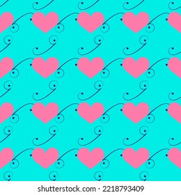 Patrón rojo con línea ondulada y corazones en azul. Decorativo colorido elegante y romántico patrón sin fisuras con corazón para la decoración, papel pintado, tela, estampados. Textura abstracta de la moda. Ilustración del vector
