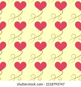 Red pattern with wavy line and hearts on light. Decorative colorful elegant romantic seamless pattern with heart for decor, wallpaper, fabric, prints. Abstract fashion texture. Vector illustration