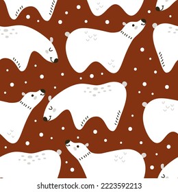Patrón rojo con osos blancos minimalistas al estilo escandinavo. Patrón vectorial sin foco con animales de invierno