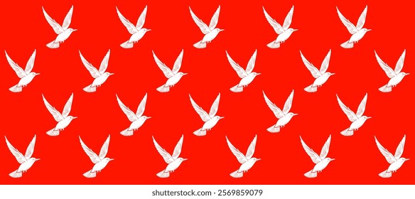 Red pattern with white silhouette of birds flight background