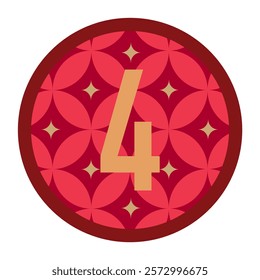 Red Patterned Badge with Golden Number 4 and Decorative Borders