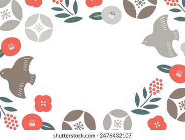 Red patterned frame with camellia, flowers and birds