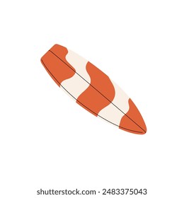 Red patterned surfboard. Wooden board for surfing, catching waves. Surfers' equipment for riding on sea, ocean. Summer activities on water. Flat isolated vector illustration on white background