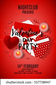 Red paty flyer for Valentine's Day. Top view on composition with gift boxes and case for ring. Beautiful banner with confetti and serpentine. Vector illustration.