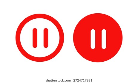 Conjunto de iconos de pausa roja que muestra símbolos de control de medios circulares definidos y sólidos sobre fondo blanco