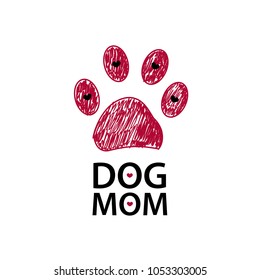 Red Paw Print And Hearta. Dog Mom Text. Happy Mother's Day Background