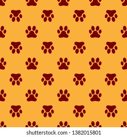 Red Paw print icon isolated seamless pattern on brown background. Dog or cat paw print. Animal track. Vector Illustration