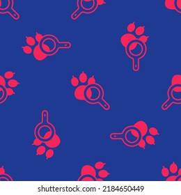 Red Paw search icon isolated seamless pattern on blue background. Magnifying glass with animal footprints.  Vector