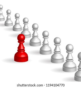 red pawn in front of white pawns line or row