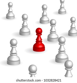 red pawn in the mass of white pawns