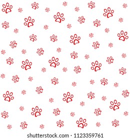 Red paws pattern, background vector illustration