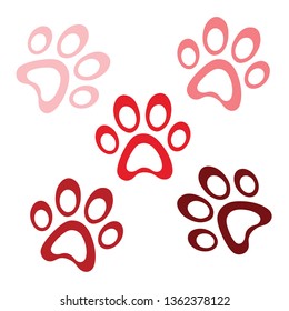 Red paws set vector icon, animal paw isolated, graphic footprint, simple pets element illustration