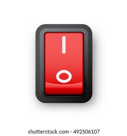 Red pc electric switch, on position, 3d realistic vector object, illustration of electrical equipment, eps 10
