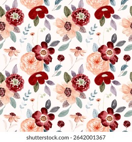 red peach floral watercolor seamless pattern