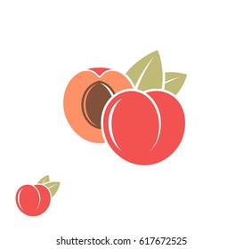 Red peach logo. Healthy food icon. Isolated fruit on white background. Cut peach with leaves vector