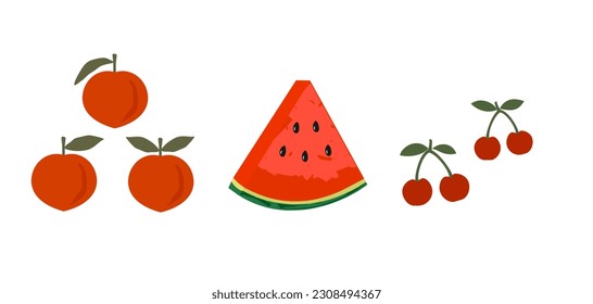 Red peach, watermelon and cherry icon sign isolated on white background vector illustration.