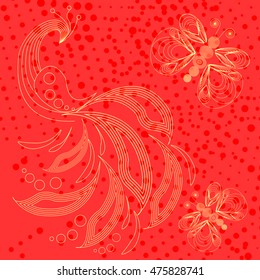 Red peacock and butterflies pattern