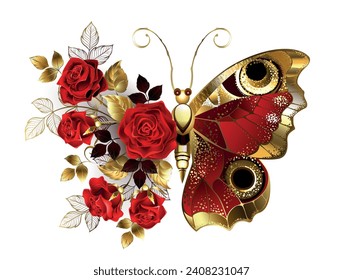Red peacock eyed flower butterfly with red textured wing, decorated with composition of red, artistically painted roses with golden stems and leaves on white background. Hand drawn vector art. svg