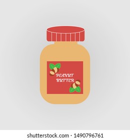 Red peanut butter jar with kernels and leaves. Vector illustration in flat style. Usable for banners, posters, advertising, packaging