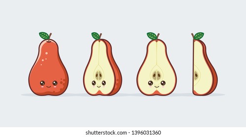Red pear cute kawaii mascot. Set of funny kawaii drawn fruit in the cut