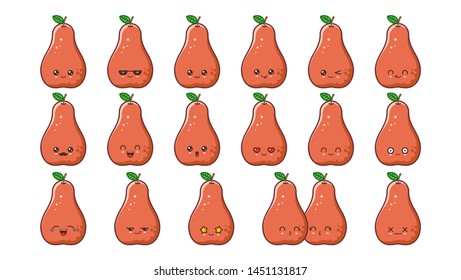 Red pear cute kawaii mascot. Set kawaii food faces expressions smile emoticons. 