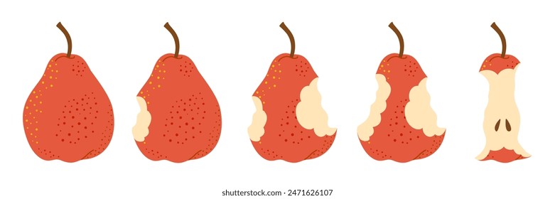 Conjunto de iconos de dibujos animados de pasos de comer pera roja. Etapas de la pera madura roja que pica de entero a la mitad y el núcleo, la progresión de la mordida conjunto de dibujos animados secuencia animación de la fruta comida Ilustración vectorial de estilo plano de moda