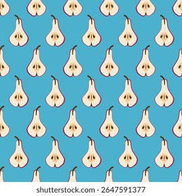 Red Pear Halves on Blue background. Seamless Pattern Design