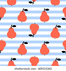 Red pear seamless blue striped pattern on white. Summer fruit cute kid repeat background.