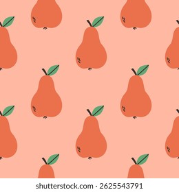 Red pear summer pattern on pink background. Simple seamless pattern with pears. Vector design for greeting card and invitation of seasonal summer holiday