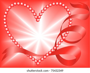Red Pearl Heart entwined silk ribbon on the radiant background