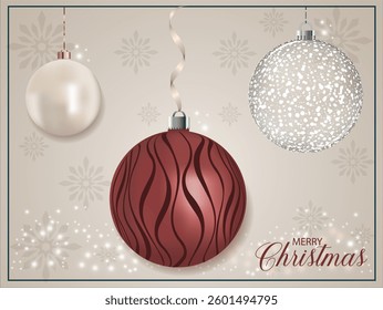A red pearly Christmas sphere with a striped pattern set against a background with falling snowflakes.
