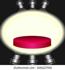 red pedestal illuminated by floodlights. Vector Illustration