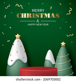 Rotes Podium oder Podium mit Kiefern, Schnee und Perlen auf grünem Hintergrund.  Weihnachtskonzept. Vektorgrafik für Produktvorführung, Banner, Poster, Flyer, Werbung.
