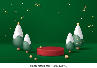 Peatón rojo o podio con pinos, nieve y perlas sobre fondo verde.  concepto de Navidad. Ilustración vectorial para demostración de producto, banner, afiche, volante, anuncio.