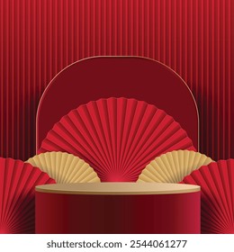 Pedestal ou pódio vermelho com os tradicionais ventiladores de papel dobrável lunar. Feliz ano novo festival chinês cena mínima maquete exposição do produto. Conceito de estilo chinês fundo abstrato plano de fundo
