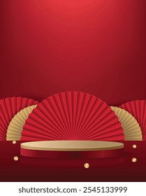 Red pedestal or podium with traditional lunar folding paper fans. Happy chinese new year festival minimal scene mockup product display. Concept of chinese style backdrop abstract background
