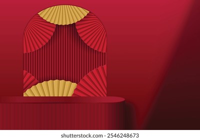 Red pedestal or podium with traditional lunar folding paper fans. Happy chinese new year festival minimal scene mockup product display. Concept of chinese style backdrop abstract background
