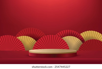 Pedestal ou pódio vermelho com os tradicionais ventiladores de papel dobrável lunar. Feliz ano novo festival chinês cena mínima maquete exposição do produto. Conceito de estilo chinês fundo abstrato plano de fundo
