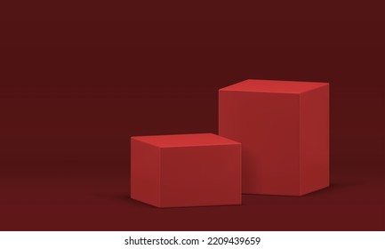Red pedestal rectangle boxes abstract 3d stage for product promo presentation realistic vector illustration. Podium cubes geometric shape minimalist rendering studio background display platform