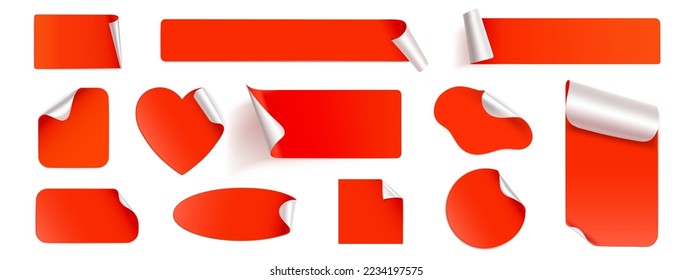 Red peel off stickers, foil patches mockup. Blank labels of heart, round, square, oval, stripe and rectangular shapes. Emblems with curve edges isolated on white background, Realistic 3d vector set