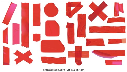 Red peel off stickers, foil patches mockup. Blank labels of heart, round, square, oval, stripe and rectangular shapes. Emblems with curve edges isolated on white background, Realistic 3d vector set