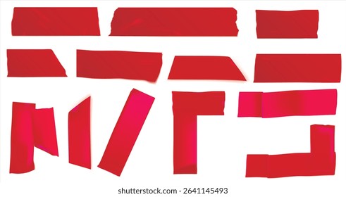 Red peel off stickers, foil patches mockup. Blank labels of heart, round, square, oval, stripe and rectangular shapes. Emblems with curve edges isolated on white background, Realistic 3d vector set