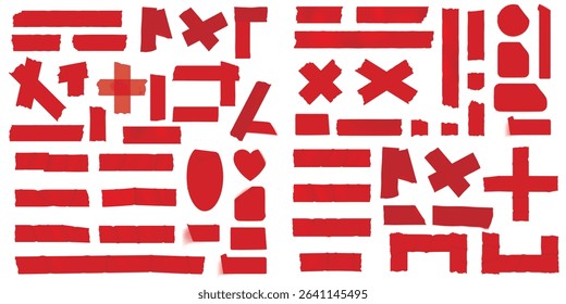 Red peel off stickers, foil patches mockup. Blank labels of heart, round, square, oval, stripe and rectangular shapes. Emblems with curve edges isolated on white background, Realistic 3d vector set