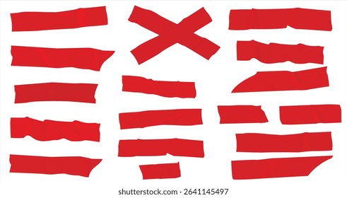 Red peel off stickers, foil patches mockup. Blank labels of heart, round, square, oval, stripe and rectangular shapes. Emblems with curve edges isolated on white background, Realistic 3d vector set