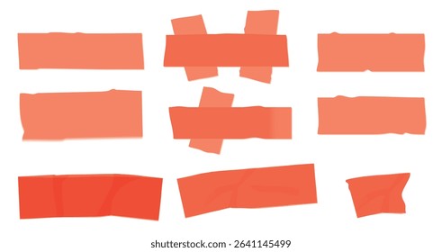 Red peel off stickers, foil patches mockup. Blank labels of heart, round, square, oval, stripe and rectangular shapes. Emblems with curve edges isolated on white background, Realistic 3d vector set