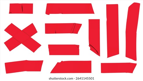 Red peel off stickers, foil patches mockup. Blank labels of heart, round, square, oval, stripe and rectangular shapes. Emblems with curve edges isolated on white background, Realistic 3d vector set