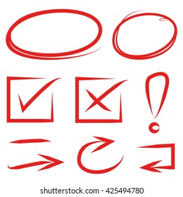 red pen drawn marks, check mark, circle marker